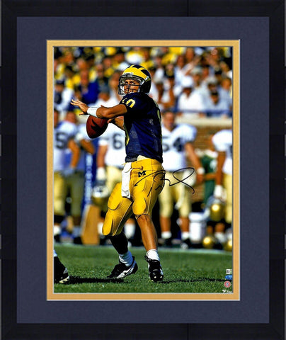 Framed Tom Brady Michigan Wolverines Signed 16x20 Blue Throwing Photograph