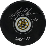 Gerry Cheevers Autographed/Signed Boston Bruins Logo Puck HOF 85 JSA 53948