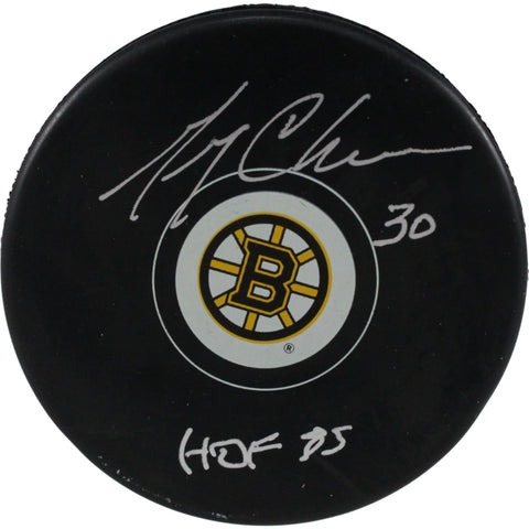Gerry Cheevers Autographed/Signed Boston Bruins Logo Puck HOF 85 JSA 53948