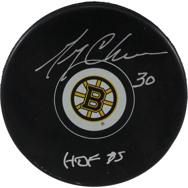 Gerry Cheevers Autographed/Signed Boston Bruins Logo Puck HOF 85 JSA 53948