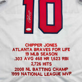 Autographed/Signed CHIPPER JONES Atlanta White Stat Baseball Jersey JSA COA Auto