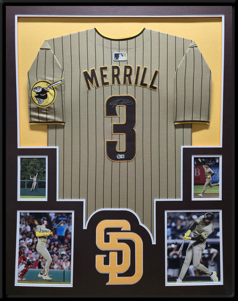 FRAMED SAN DIEGO PADRES JACKSON MERRILL AUTOGRAPHED SIGNED JERSEY BECKETT HOLO