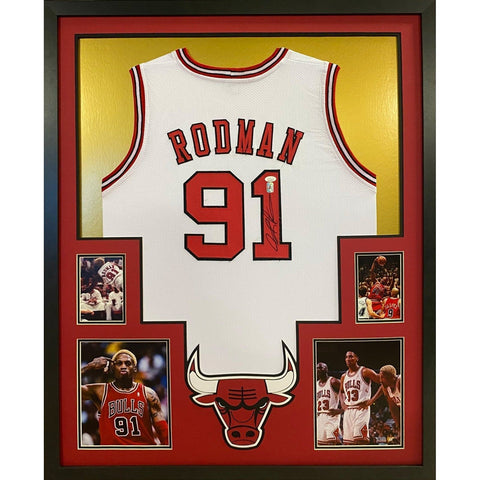 Dennis Rodman Autographed Signed Framed White Chicago Bulls Jersey JSA