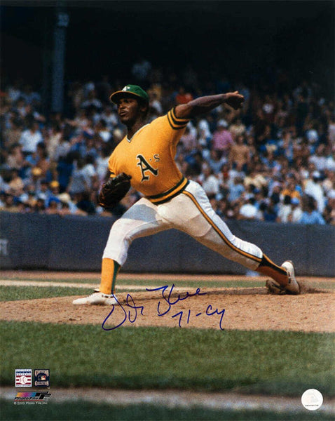 Vida Blue Signed A's Yellow Jersey Pitching Action 16x20 Photo w/71 CY -(SS COA)