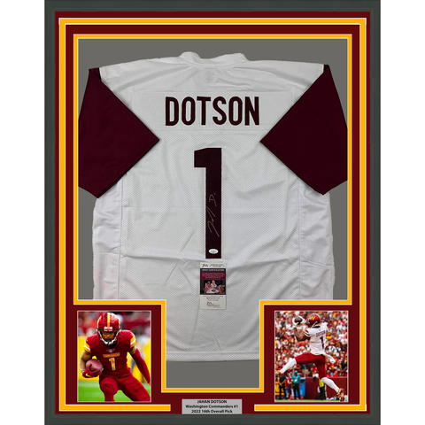 Framed Autographed/Signed Jahan Dotson 33x42 Washington White Jersey JSA COA