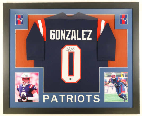 Christian Gonzalez Signed New England Patriots 35"x 43" Framed Jersey (Beckett)