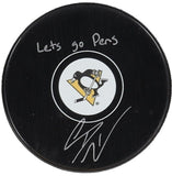 Casey DeSmith Signed Penguins Logo Hockey Puck Inscribed "Lets go Pens"(TSE COA)