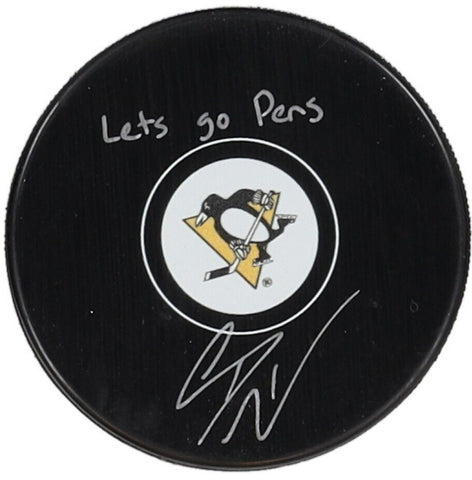 Casey DeSmith Signed Penguins Logo Hockey Puck Inscribed "Lets go Pens"(TSE COA)