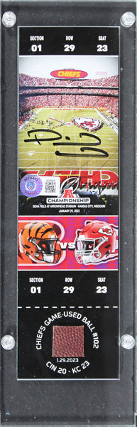 Patrick Mahomes Signed 2023 AFC Champ Replica Ticket w/ GU Ball Swatch LE BAS W