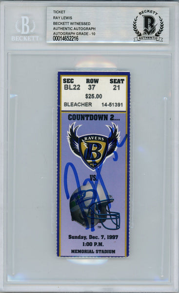 Ray Lewis Autographed/Signed 12/7/1997 vs Seahawks Ticket Beckett Slab 39180