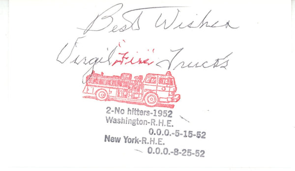 Virgil Trucks Autographed Detroit Tigers Index Card w/Best Wishes Beckett 56526