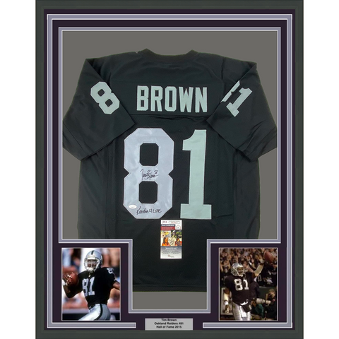Framed Autographed/Signed Tim Brown 33x42 Raider 4 Life Black Jersey JSA COA