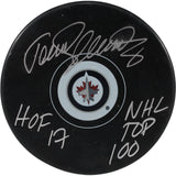 Teemu Selanne Autographed Winnipeg Jets Logo Puck NHL Top 100 HOF JSA 54004