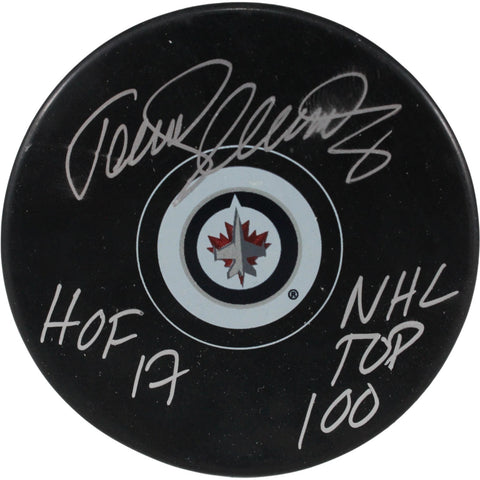 Teemu Selanne Autographed Winnipeg Jets Logo Puck NHL Top 100 HOF JSA 54004