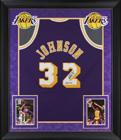 Lakers Magic Johnson "HOF 02" Signed M&N HWC Authentic Purple Framed Jersey BAS