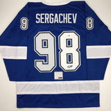 Autographed/Signed Mikhail Sergachev Tampa Bay Blue Hockey Jersey PSA/DNA COA