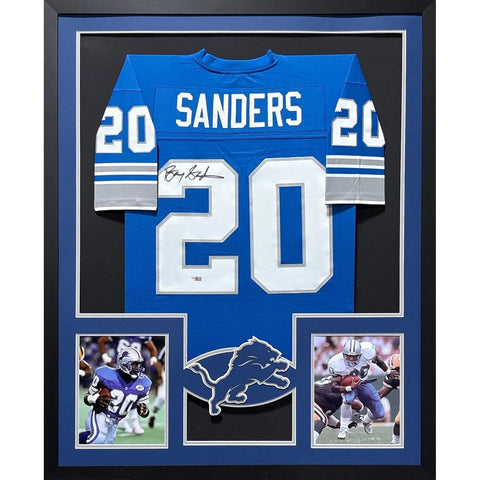 Barry Sanders Autographed Signed Framed Detroit Lions 2P Jersey FANATICS