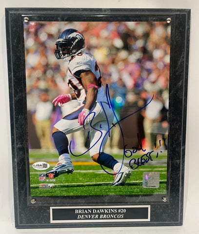Brian Dawkins Autographed Broncos 8x10 Photo "God Bless" w/ Plaque JSA COA