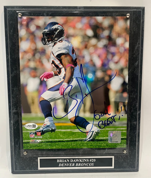 Brian Dawkins Autographed Broncos 8x10 Photo "God Bless" w/ Plaque JSA COA