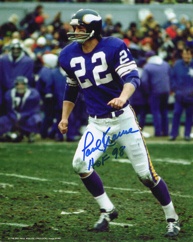 Paul Krause Signed Vikings Purple Jersey Action 8x10 Photo w/HOF'98 - (SS COA)