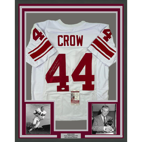 Framed Autographed John Crow 33x42 57 Heisman Texas A&M White Jersey JSA COA