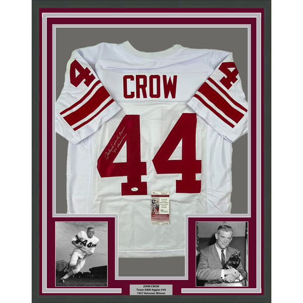 Framed Autographed John Crow 33x42 57 Heisman Texas A&M White Jersey JSA COA