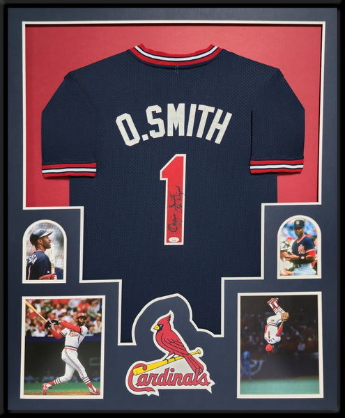 FRAMED ST LOUIS CARDINALS OZZIE SMITH AUTOGRAPHED INSCRIBED JERSEY JSA COA