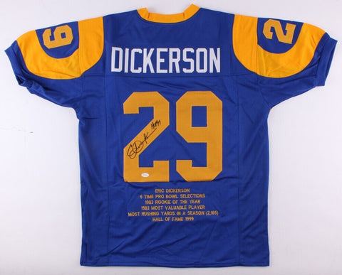 Eric Dickerson Signed Los Angeles Rams Career Stat Jersey Inscribed HOF 99 (JSA)