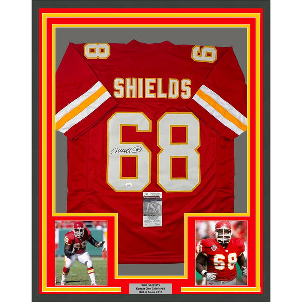 Framed Autographed/Signed Will Shields 35x39 Kansas City Red Jersey JSA COA
