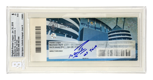 Sergio Aguero Signed 2018 350th Career Goal Match Ticket Inscribed - BGS 5