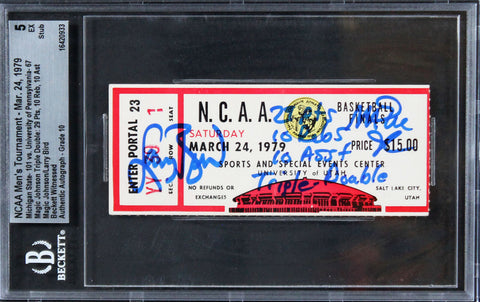 Magic Johnson Larry Bird Signed '79 NCAA Final 4 Ticket Grade 5 Auto 10 BAS Slab