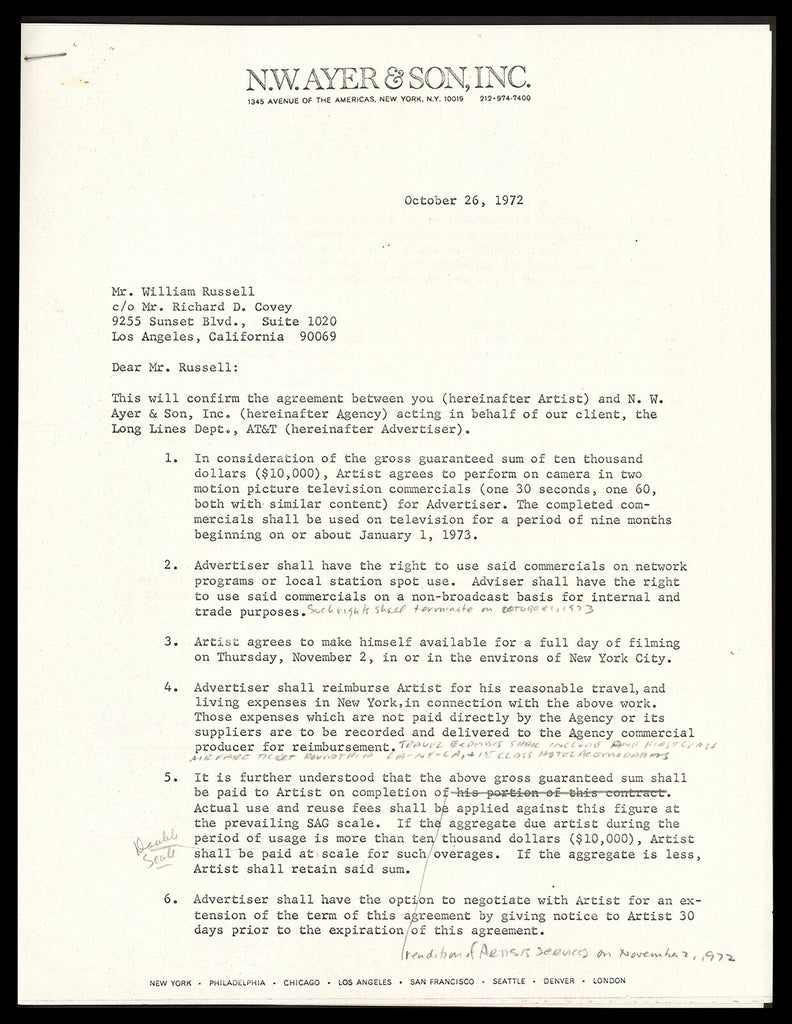 Bill Russell Autographed 1972 Advertising Document Contract Beckett AC ...