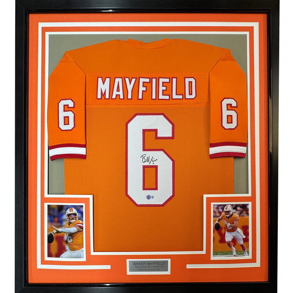 Framed Autographed/Signed Baker Mayfield 35x39 Tampa Bay Orange Jersey COA