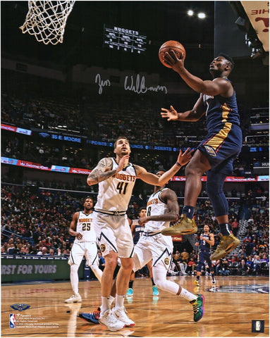 Zion Williamson Pelicans Signed 16x20 Navy Jersey Layup Vertical Photo