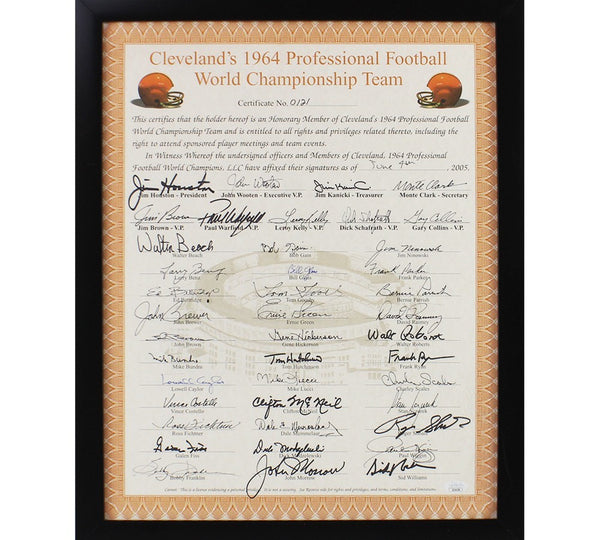 1964 Team Signed Cleveland Browns Framed 16x20 World Champions Cert- Jim Brown