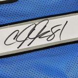 Framed Autographed/Signed Calvin Johnson 35x39 Detroit Blue Jersey JSA COA