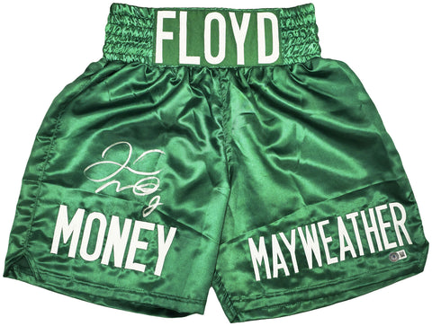 FLOYD MAYWEATHER JR. AUTOGRAPHED GREEN BOXING TRUNKS BECKETT BAS WITNESS 221642