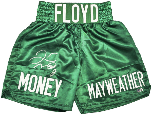 FLOYD MAYWEATHER JR. AUTOGRAPHED GREEN BOXING TRUNKS BECKETT BAS WITNESS 221642