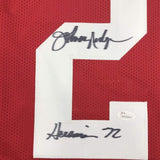 Framed Autographed/Signed Johnny Rodgers HT 72 33x42 Nebraska Red Jersey JSA COA