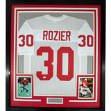 Framed Autographed/Signed Mike Rozier 35x39 Nebraska White Jersey JSA COA