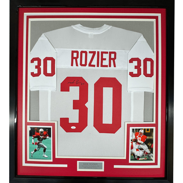 Framed Autographed/Signed Mike Rozier 35x39 Nebraska White Jersey JSA COA
