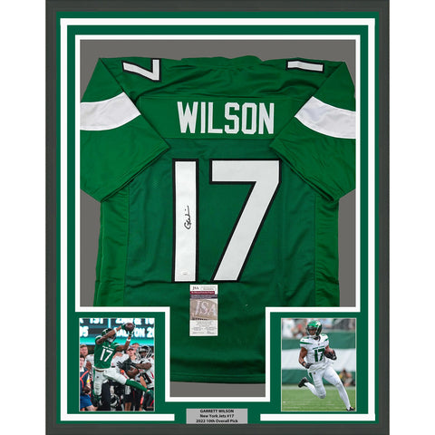 Framed Autographed/Signed Garrett Wilson 33x42 New York Green Jersey JSA COA
