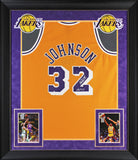 Lakers Magic Johnson "HOF 02" Signed Yellow M&N HWC Swingman Framed Jersey BAS W