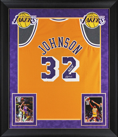 Lakers Magic Johnson "HOF 02" Signed Yellow M&N HWC Swingman Framed Jersey BAS W