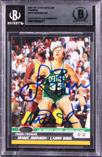 Magic Johnson & Larry Bird Signed 2007 Stadium Club Promos #PP3 Card BAS Slabbed
