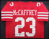 49ERS CHRISTIAN MCCAFFREY AUTOGRAPHED SIGNED FRAMED RED JERSEY BECKETT QR 234595