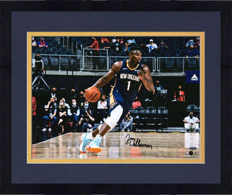FRMD Zion Williamson Pelicans Signed 16x20 Dribbling In Navy Jersey Photo