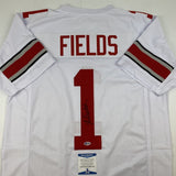 Autographed/Signed JUSTIN FIELDS Ohio State White Jersey Beckett BAS COA