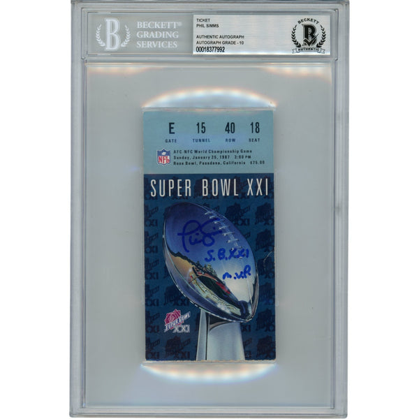 Phil Simms Autographed New York Giants Ticket Stub SB XXI MVP Slab Beckett 53165