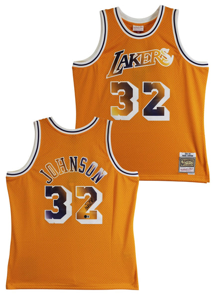 Lakers Magic Johnson Signed Yellow M&N HWC Swingman w/ Two-Tone #'s Jersey BAS W